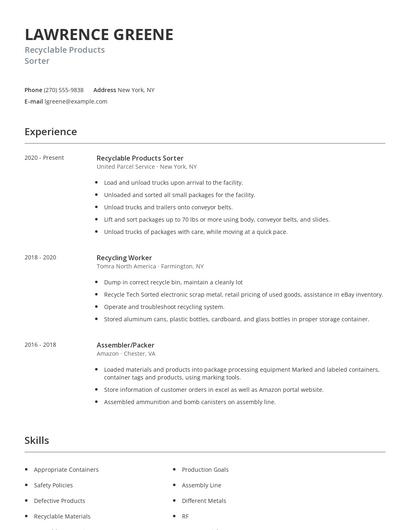 Recyclable Products Sorter Resume
