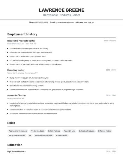 Recyclable Products Sorter Resume