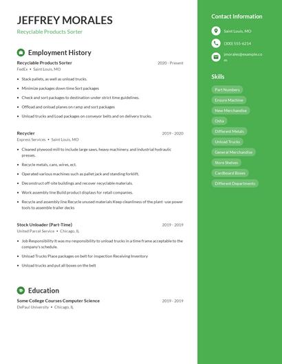 Recyclable Products Sorter Resume