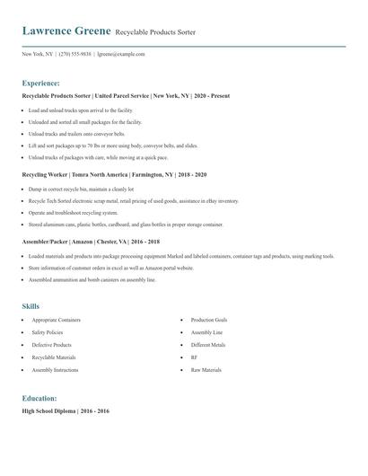 Recyclable Products Sorter Resume