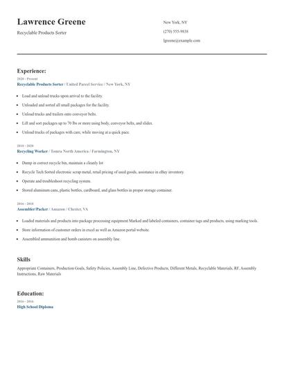 Recyclable Products Sorter Resume