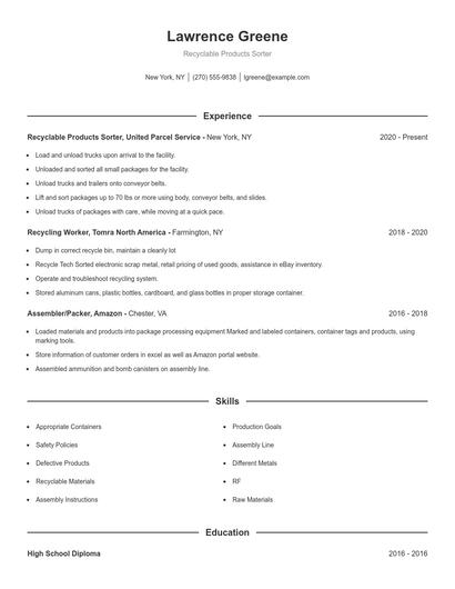 Recyclable Products Sorter Resume