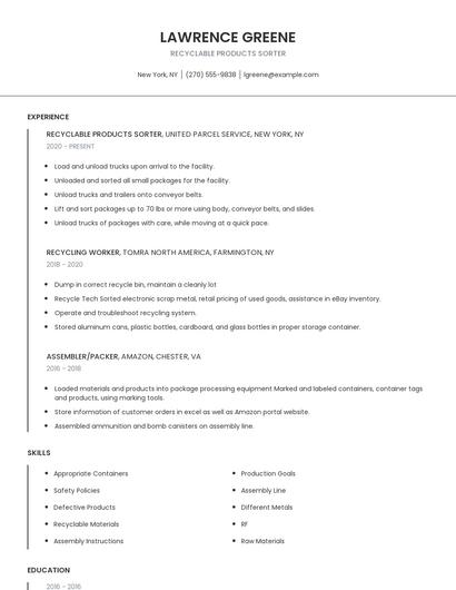 Recyclable Products Sorter Resume