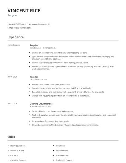 Recycler Resume