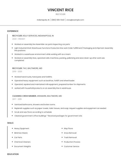 Recycler Resume