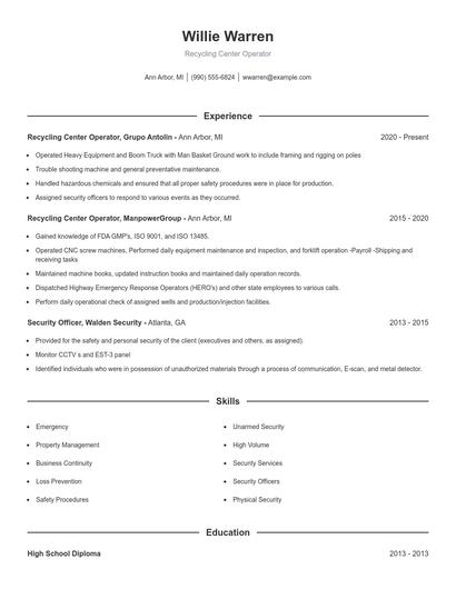 Recycling Center Operator Resume