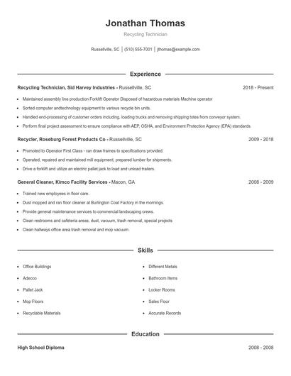 Recycling Technician Resume