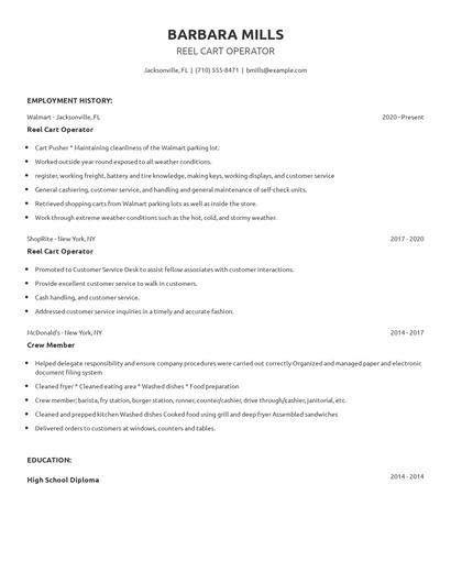 Reel Cart Operator Resume