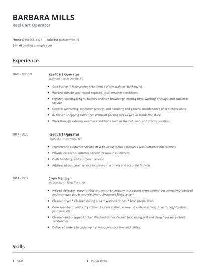 Reel Cart Operator Resume