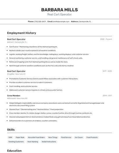 Reel Cart Operator Resume