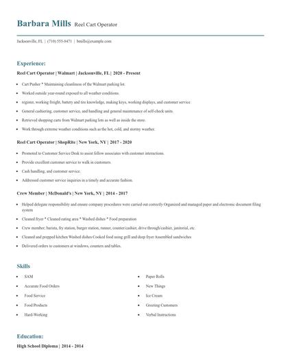 Reel Cart Operator Resume