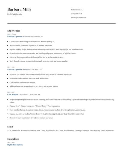 Reel Cart Operator Resume