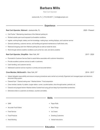 Reel Cart Operator Resume