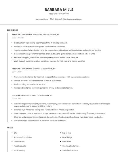 Reel Cart Operator Resume