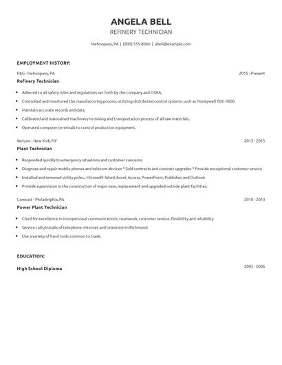 Refinery Technician Resume