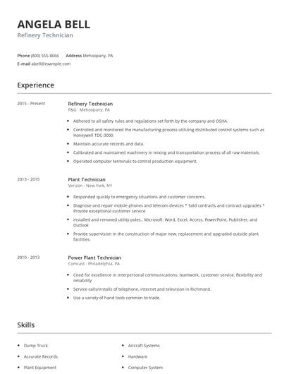 Refinery Technician Resume