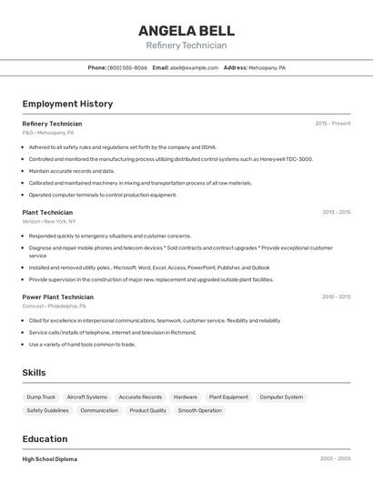 Refinery Technician Resume