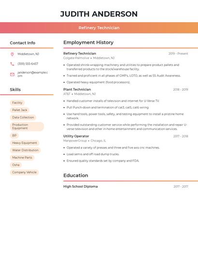 Refinery Technician Resume