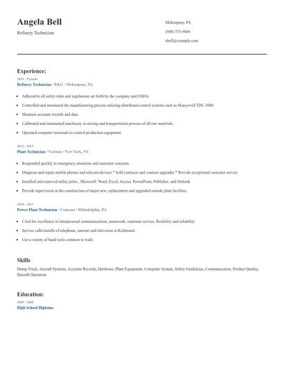 Refinery Technician Resume