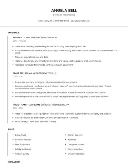 Refinery Technician Resume