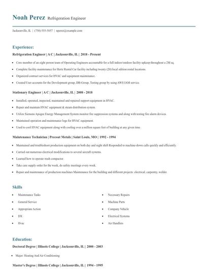 Refrigeration Engineer Resume