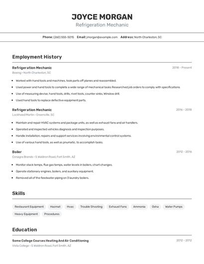 Refrigeration Mechanic Resume