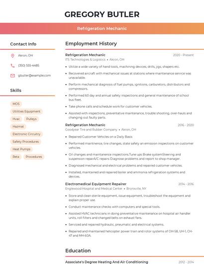 Refrigeration Mechanic Resume