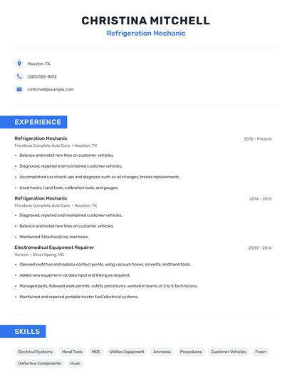 Refrigeration Mechanic Resume