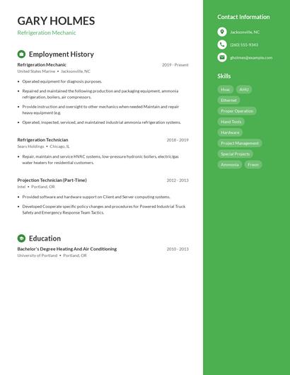 Refrigeration Mechanic Resume