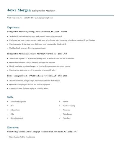 Refrigeration Mechanic Resume