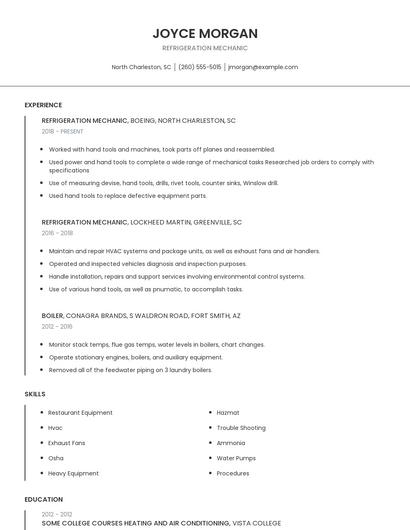 Refrigeration Mechanic Resume
