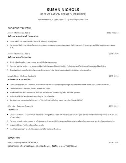 Refrigeration Repair Supervisor Resume
