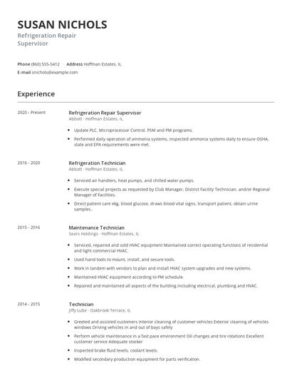 Refrigeration Repair Supervisor Resume