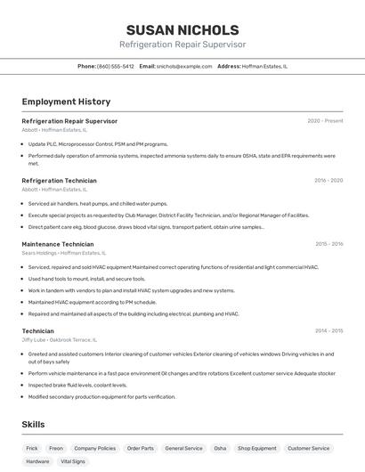 Refrigeration Repair Supervisor Resume