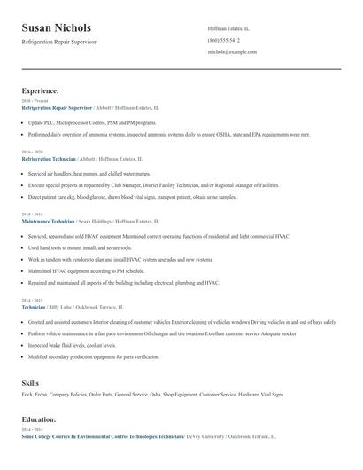 Refrigeration Repair Supervisor Resume