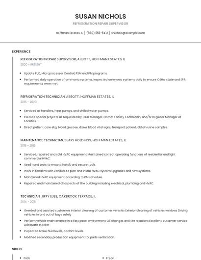 Refrigeration Repair Supervisor Resume
