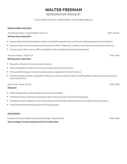 Refrigeration Specialist Resume