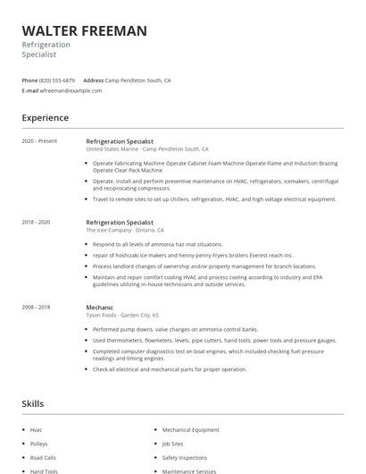 Refrigeration Specialist Resume