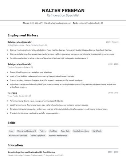 Refrigeration Specialist Resume