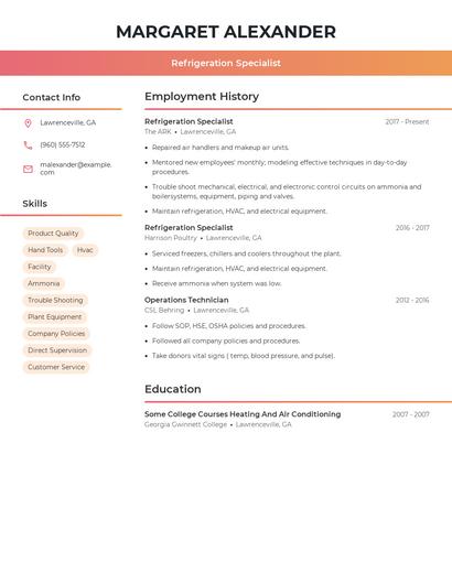 Refrigeration Specialist Resume