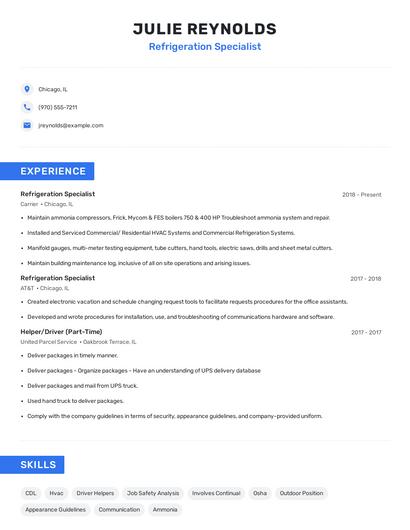 Refrigeration Specialist Resume