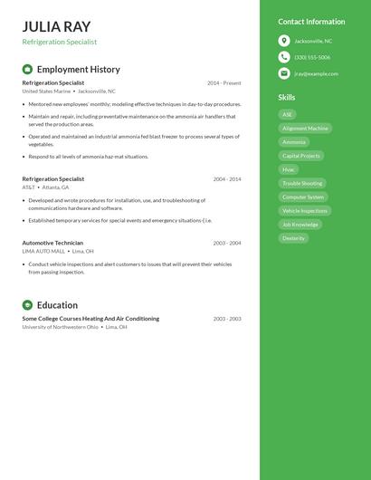 Refrigeration Specialist Resume