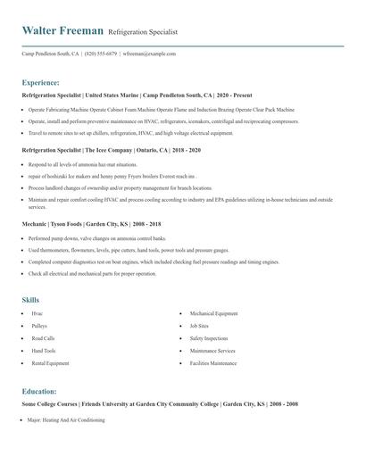Refrigeration Specialist Resume