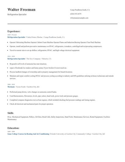 Refrigeration Specialist Resume