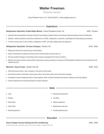 Refrigeration Specialist Resume