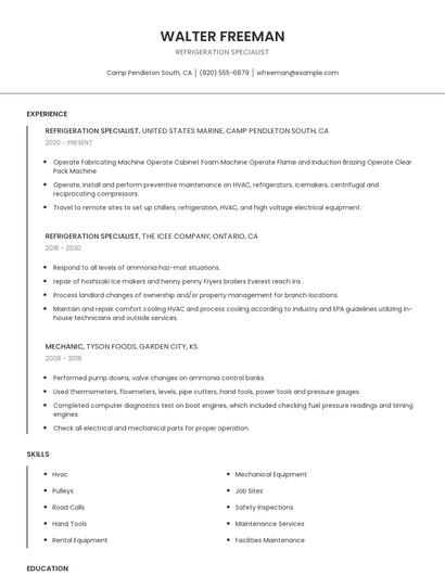 Refrigeration Specialist Resume