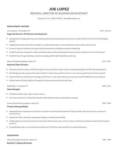 Regional Director Of Business Development Resume