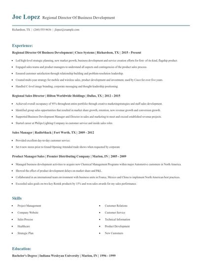 Regional Director Of Business Development Resume