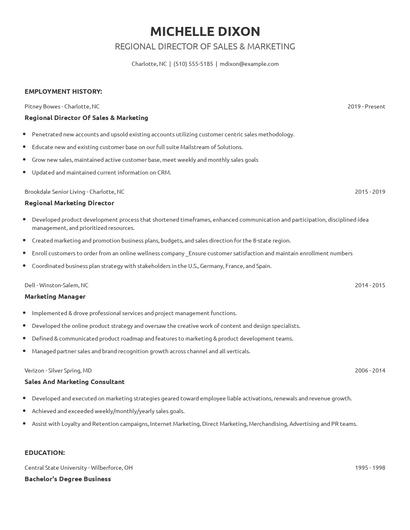 Regional Director Of Sales & Marketing Resume