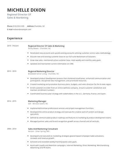 Regional Director Of Sales & Marketing Resume